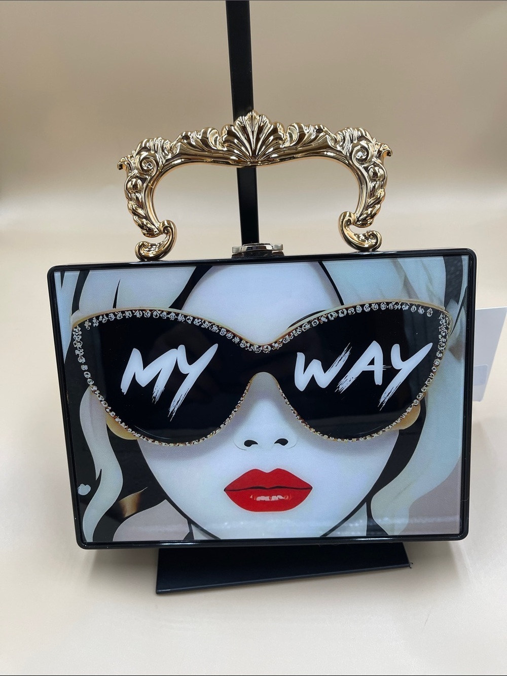 Graphic ‘My Way’ Sunglasses Box Clutch in Black, White & Red